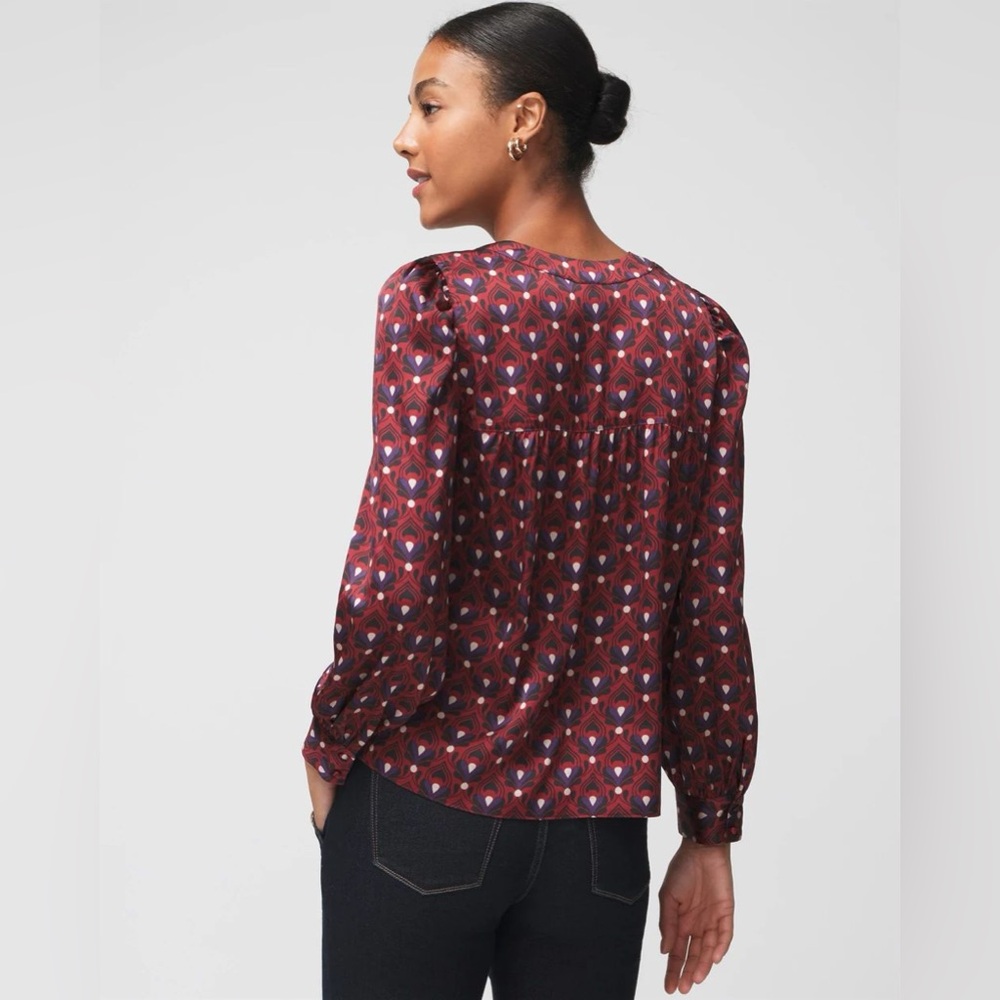 WHBM V-Neck Long Sleeve Printed Blouse - Burgundy Multi Small - Picture 4 of 15